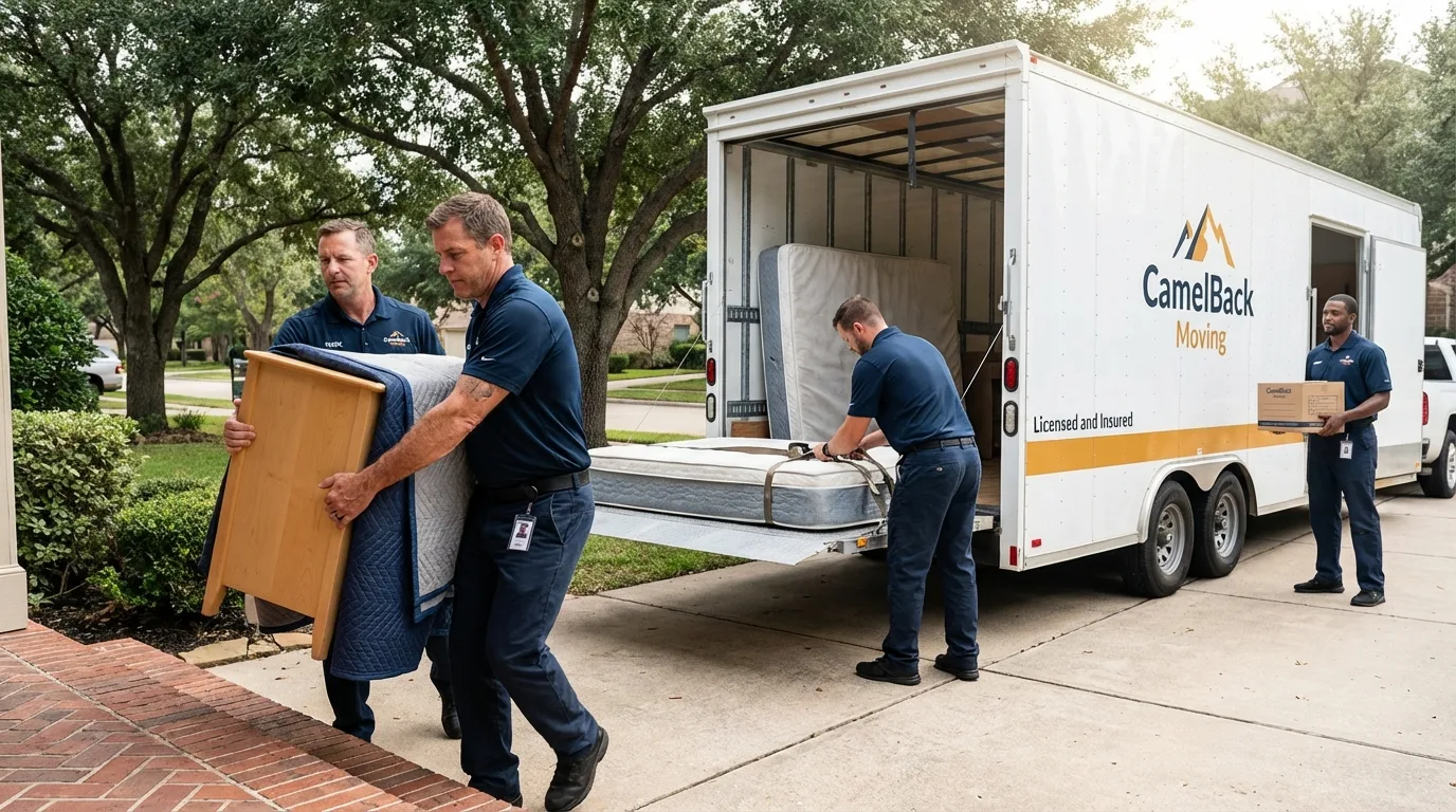 Crew loading residential truck for cross-state move from Lowell, NC