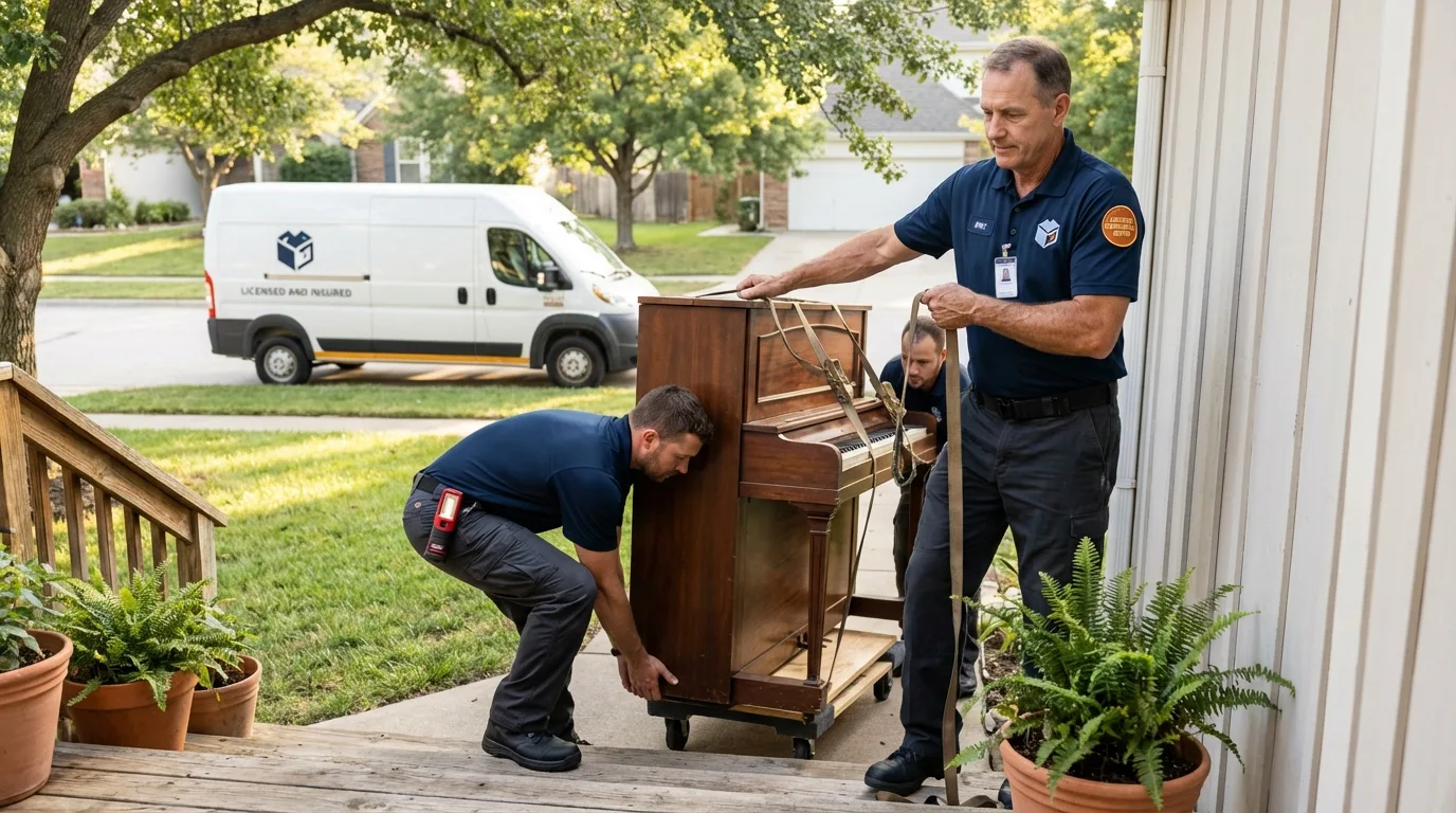 Licensed piano movers securing grand piano in Lowell, NC