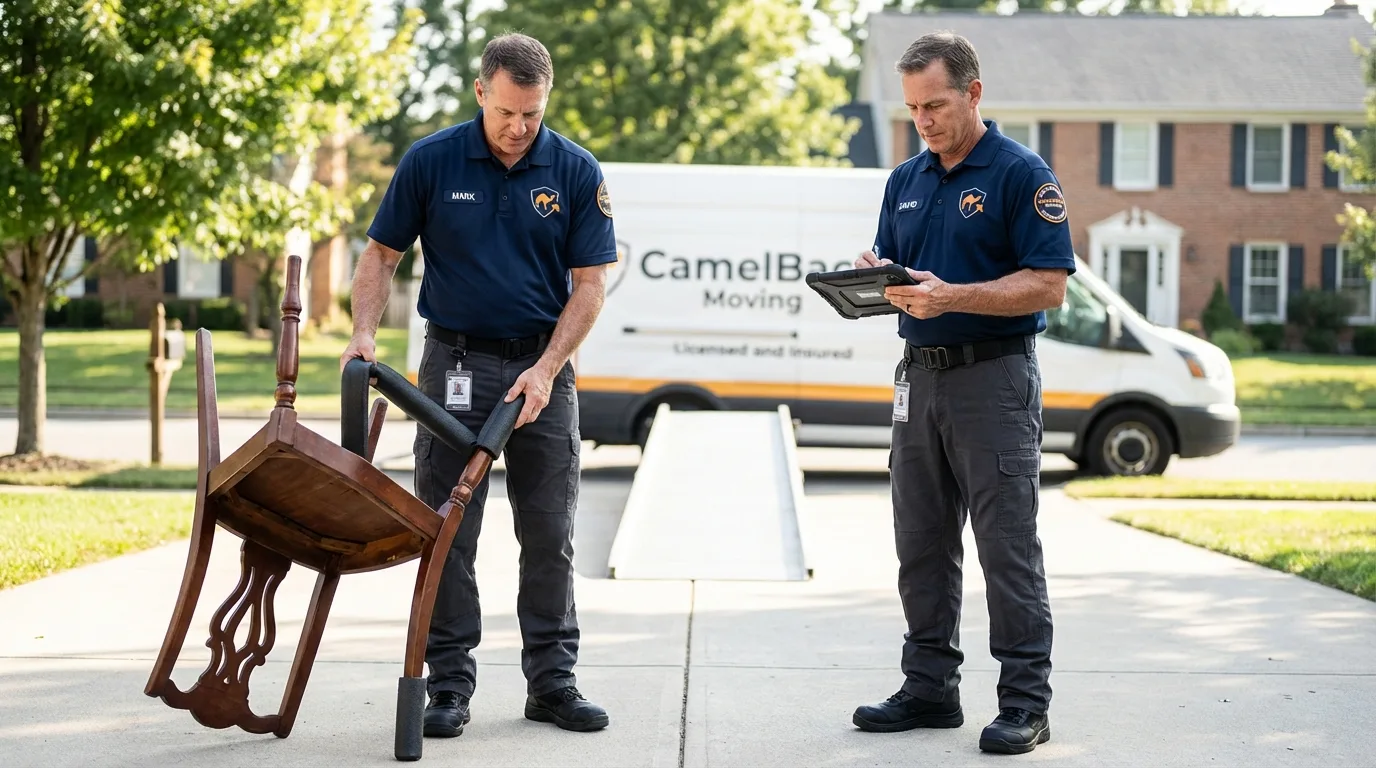 Movers inspecting furniture for damage prevention before loading in Lowell, NC